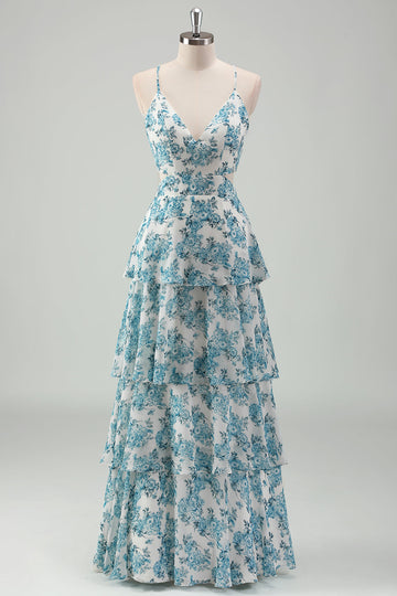 White Blue Flower A-Line Tiered Chiffon Maxi Dress